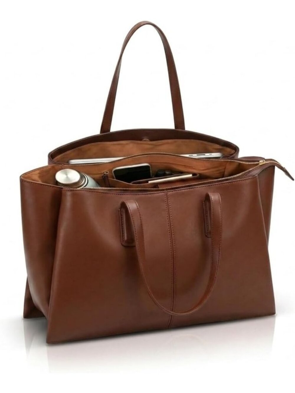 Spacious Vegan Leather Tote Bag for Women, Triple Compartment Laptop Work Purse